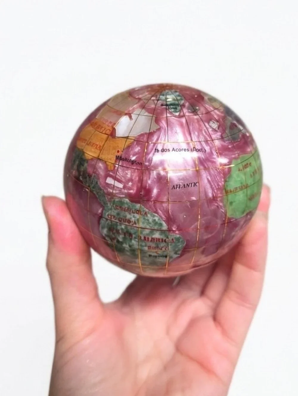 Handmade Gemstone World Globe Paperweight Pink Rose Quartz Ocean Decor